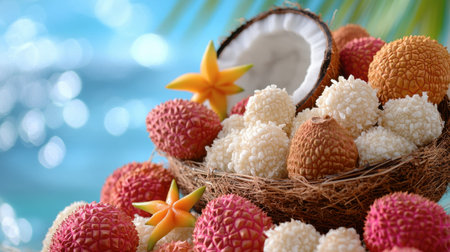 A stunning arrangement of exotic fruits including lychee and rambutan, complemented by a coconut, evoking tropical vibes against a picturesque, sparkling sea backdrop.の素材