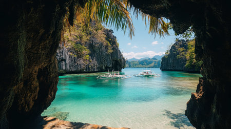 Discover a tranquil tropical paradise featuring crystal-clear water, lush green cliffs, and anchored boats, creating a serene landscape ideal for nature lovers and travelers seeking adventure.の素材
