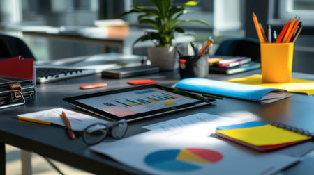 A modern office workspace featuring a tablet with colorful graphs and various office supplies, creating a productive and organized environment for business analysis.の素材