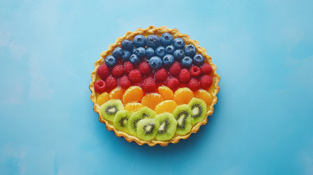 A vibrant fruit tart featuring blueberries, raspberries, kiwis, and mandarins arranged beautifully on a bright blue background. Ideal for dessert enthusiasts and health-conscious individuals.の素材