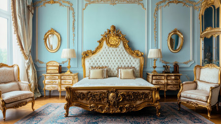 Luxurious bedroom showcasing exquisite gold furniture and intricate decor elements, highlighted by serene blue walls, creating an elegant atmosphere for relaxation and style.の素材