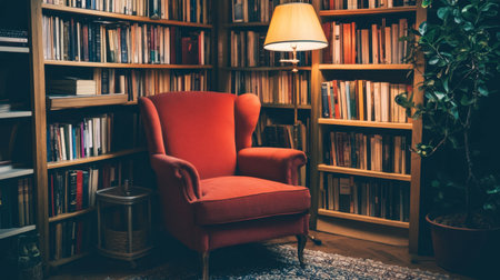 A charming reading nook featuring a vintage red chair, surrounded by bookshelves filled with books and illuminated by warm ambient lighting, perfect for relaxation and literary inspiration.の素材
