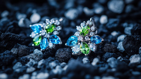 This stunning close-up of elegant earrings showcases a floral design with vibrant blue and green gemstones. Set against a dark textured background, the jewelry radiates luxury and style.の素材