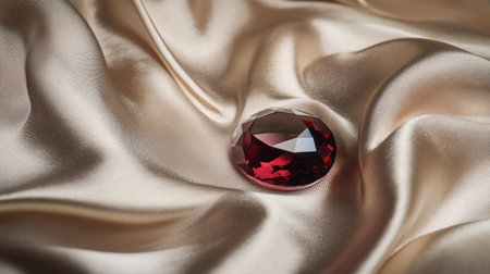 This elegant image features a deep red gemstone resting on luxurious satin fabric, embodying beauty and sophistication for artistic and promotional purposes.の素材