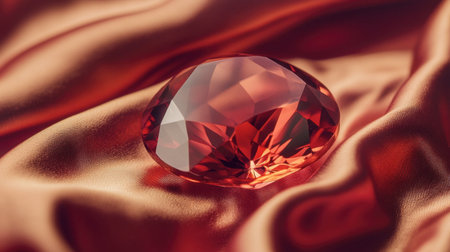 A stunning red gemstone sits gracefully on soft satin fabric, showcasing its brilliant cuts and reflections in a beautifully lit setting, ideal for luxurious presentations.の素材