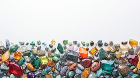 This image features a stunning array of colorful gemstones and crystals arranged beautifully on a white background, ideal for artistic and decorative projects.の素材