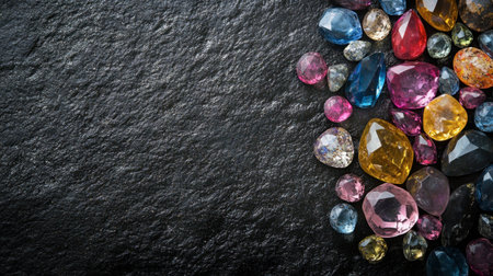 An exquisite collection of colorful gemstones displayed on a dark textured surface, perfect for showcasing luxury and elegance in jewelry designs and creative projects.の素材