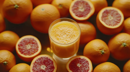Vibrant blood orange juice in a glass sits amidst whole and halved blood oranges, highlighting the rich color and freshness of this nutrient-packed drink. Perfect for a healthy diet.の素材
