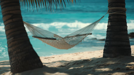 Experience the tranquility of a hammock swaying gently between palm trees on a beautiful beach, with soothing ocean waves creating a perfect escape for relaxation.の素材