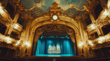 Experience the stunning beauty of a historic theater interior, featuring opulent decor, elegant lighting, and a captivating stage inviting unforgettable performances.の素材