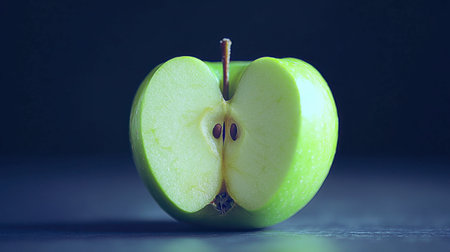 A vibrant green apple cut in half reveals its bright yellow flesh and small seeds, perfect for promoting healthy eating and fresh food concepts.の素材