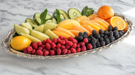 A stunning fruit platter featuring a selection of fresh seasonal fruits, arranged beautifully for an elegant presentation, perfect for gatherings and healthy snacking.の素材