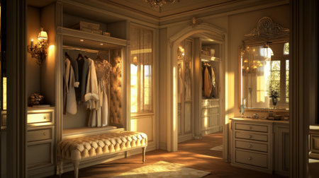 A stunning, well-designed dressing room featuring soft lighting and elegant furnishings, creating a serene atmosphere ideal for relaxation and style.の素材