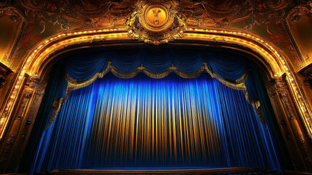 Captivating image of a beautifully designed theater stage featuring sumptuous blue curtains and intricate gold detailing, setting the mood for an unforgettable performance.の素材