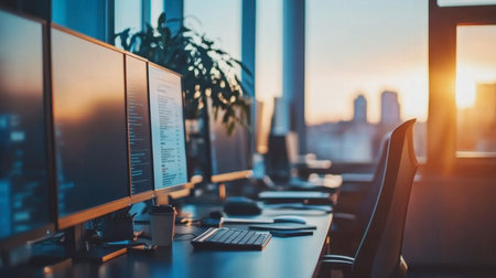 A contemporary office workspace featuring dual monitors, a sleek chair, and a stunning sunset view, reflecting the essence of productivity and modern design.の素材