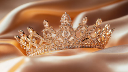 A stunning gold crown featuring sparkling gems rests elegantly on a soft satin fabric, symbolizing luxury, beauty, and royal charm ideal for various creative projects.の素材
