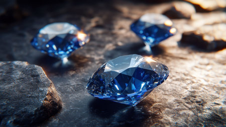 A stunning close-up of three sparkling blue gemstones on a dark textured surface, showcasing their brilliance and elegance, perfect for luxury-themed designs and projects.の素材