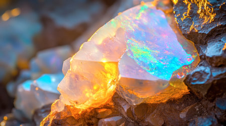 A stunning close-up of a luminous opal gemstone resting on a rocky surface, showcasing vibrant colors and the enchanting play of light for nature and mineral enthusiasts.の素材