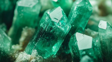 Captivating close-up of vibrant green crystals showcasing their unique textures and intricate facets, illuminated beautifully against a natural mineral backdrop, perfect for nature enthusiasts.の素材
