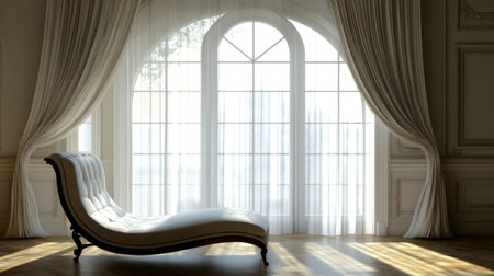 A beautiful chaise lounge placed elegantly by a grand arched window adorned with sheer curtains, enhancing the room's luxurious and tranquil feel in natural light.の素材