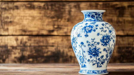 This stunning blue and white floral vase sits gracefully on a rustic wooden background, making it an ideal piece for home decor and vintage design inspirations.の素材
