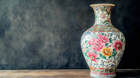 A beautifully crafted classic Chinese ceramic vase adorned with intricate floral designs, displayed elegantly on a wooden surface against a dark backdrop, ideal for enhancing any decor.の素材