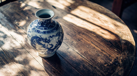 A stunning blue and white porcelain vase rests on a rustic wooden table, beautifully illuminated by soft natural light, enhancing its intricate design and classic beauty.の素材