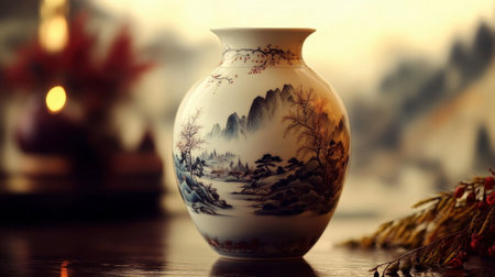 A beautiful Chinese porcelain vase showcasing an idyllic landscape with mountains and trees, perfect for home decor or as an elegant collectible piece.の素材