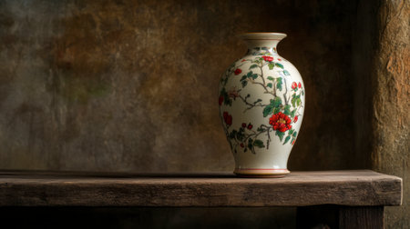 A beautifully designed porcelain vase with intricate floral patterns sits elegantly on a rustic wooden table, enhancing the warm atmosphere of the space.の素材