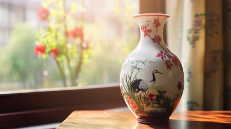 A beautifully crafted ceramic vase featuring a crane and floral motif, bathed in warm sunlight. This piece adds a touch of elegance to any home decor.の素材