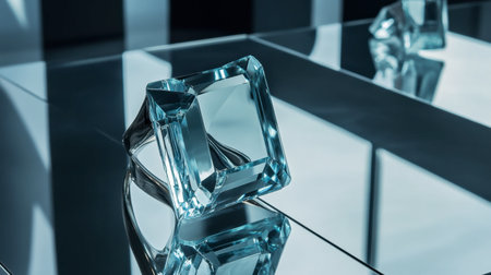 A stunning clear glass cube sits elegantly on a polished surface, capturing reflections and light, creating a beautiful interplay of shapes and shadows in a modern interior space.の素材