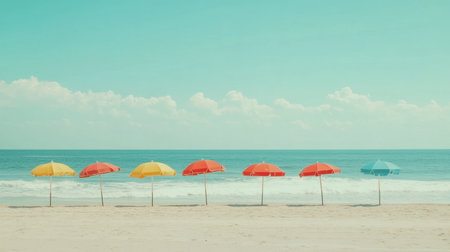 Brightly colored umbrellas stand against a tranquil beach scene, offering shade and a perfect spot for relaxation under the sun. Ideal for summer vacation imagery.の素材