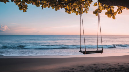 A serene beach scene featuring a swing hanging from a tree, with gentle waves lapping the shore and a colorful sunset illuminating the horizon, creating a peaceful atmosphere.の素材