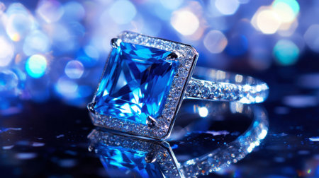 A beautiful blue gemstone ring featuring intricate details and sparkling accents sits elegantly on a reflective surface, embodying luxury and sophistication ideal for fashion photography.の素材