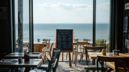 A beachside restaurant offers a stunning ocean view through open doors, showcasing outdoor seating and a chalkboard menu for guests seeking relaxation and enjoyment.の素材