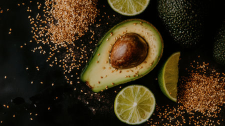 Vibrant avocado halves with lime slices and sesame seeds arranged on a dark surface, perfect for culinary inspirations and promoting healthy eating.の素材