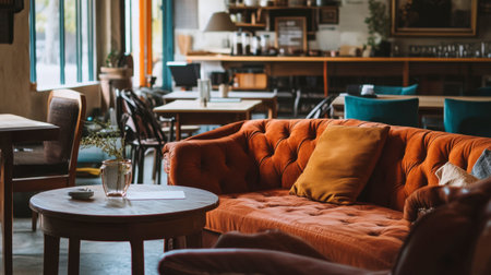 A cozy coffee shop interior features a stylish orange velvet couch and wooden table, inviting patrons to enjoy beverages in a bright, relaxing atmosphere.の素材