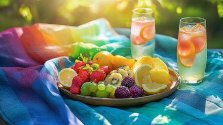 A delightful fruit platter filled with fresh strawberries, lemons, and grapes, accompanied by refreshing drinks, set against a vibrant tablecloth in a sunny outdoor space.の素材