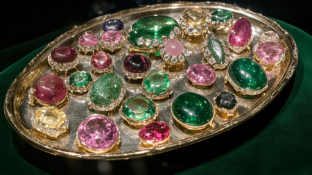 Discover a stunning array of multicolored gemstones elegantly arranged on a silver tray, highlighting the beauty and intricacies of each unique piece in vivid colors.の素材