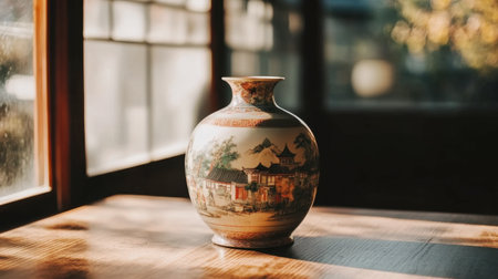 A beautifully crafted ceramic vase featuring a delicate hand-painted landscape, elegantly placed on a wooden table by a sunlit window, creating a warm and inviting atmosphere.の素材