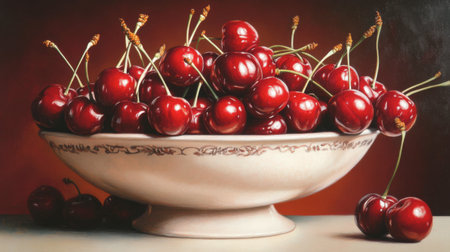 A stunning arrangement of glossy red cherries in a decorative bowl, highlighting the allure of summer fruits against a warm, inviting backdrop, perfect for culinary inspiration.の素材