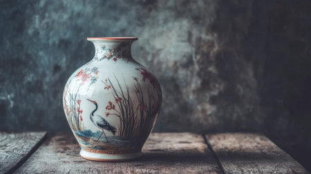 This captivating ceramic vase features a stunning crane and floral design, perfect for adding a touch of elegance and art to any space or display.の素材