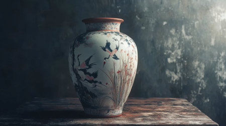 An elegant ceramic vase showcasing a beautiful hand-painted design with birds and flowers, perfect for enhancing any interior space with artistic charm and timeless beauty.の素材