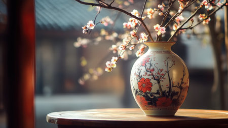 A stunning ceramic vase adorned with blooming flower branches, beautifully arranged on a table, creating a serene atmosphere that reflects the beauty of nature and spring.の素材