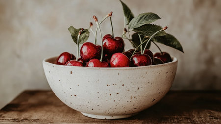 A charming display of fresh ripe cherries in a rustic bowl captures the essence of natureの素材