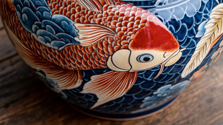 This stunning pottery bowl showcases a beautifully detailed koi fish design, reflecting vibrant colors and intricate patterns ideal for artistic and cultural settings.の素材