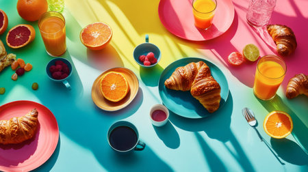 A colorful breakfast scene featuring croissants, fresh fruits, and drinks on a bright tabletop, perfect for capturing the essence of a joyful morning meal experience.の素材