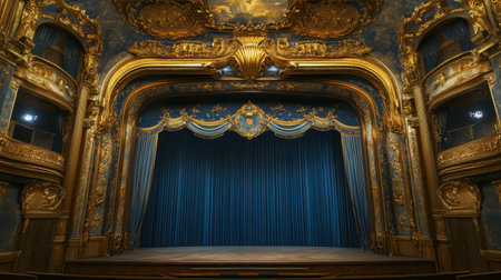 A grand theater stage showcasing luxurious blue velvet curtains and intricate gold detailing, perfect for artistic performances and captivating events in a historic venue.の素材