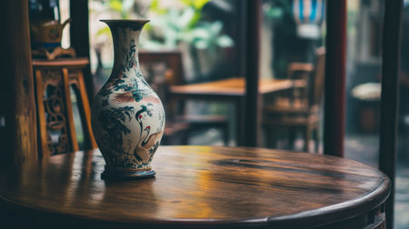 A beautifully crafted vintage vase rests on a wooden table, radiating elegance in a cozy cafe ambiance illuminated by soft natural light.の素材