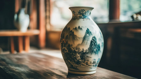 A beautifully crafted ceramic vase featuring intricate mountain landscapes, bringing a touch of elegance and tranquility to any cozy interior space bathed in warm light.の素材